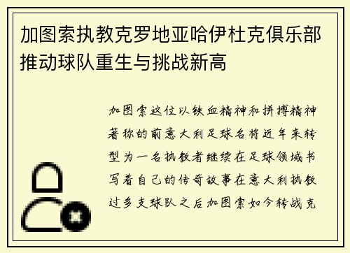 加图索执教克罗地亚哈伊杜克俱乐部推动球队重生与挑战新高